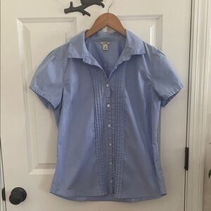 L.L. Bean Sky Ruffle Front Blue Short Sleeve Shirt